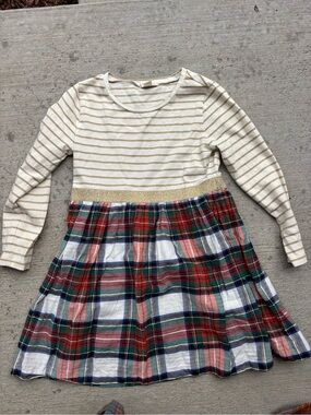 Crewcuts Cream Striped Top with Red & Green Plaid Skirt and Gold Waistband